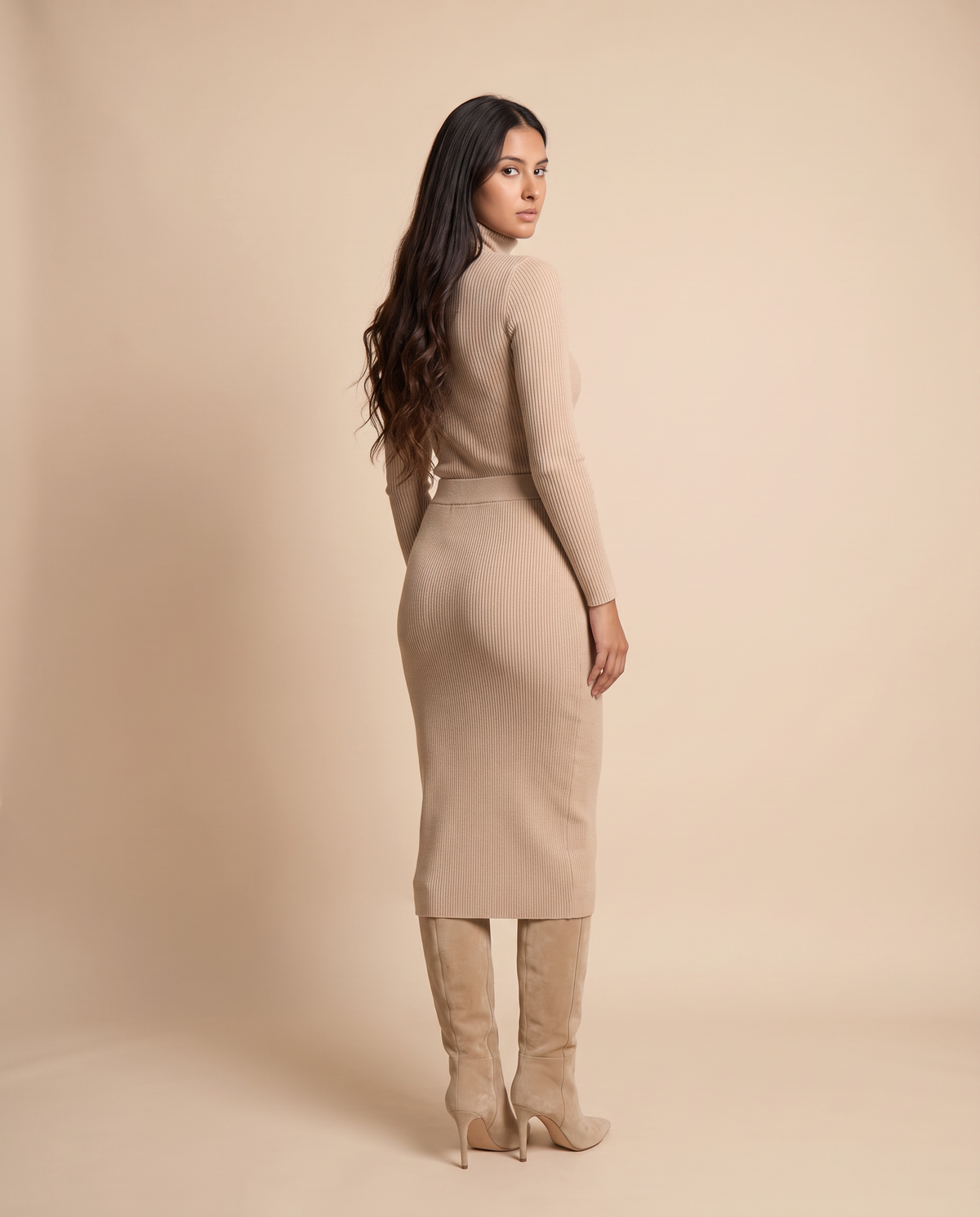 ONORA sweater and midi skirt set - back view, beige