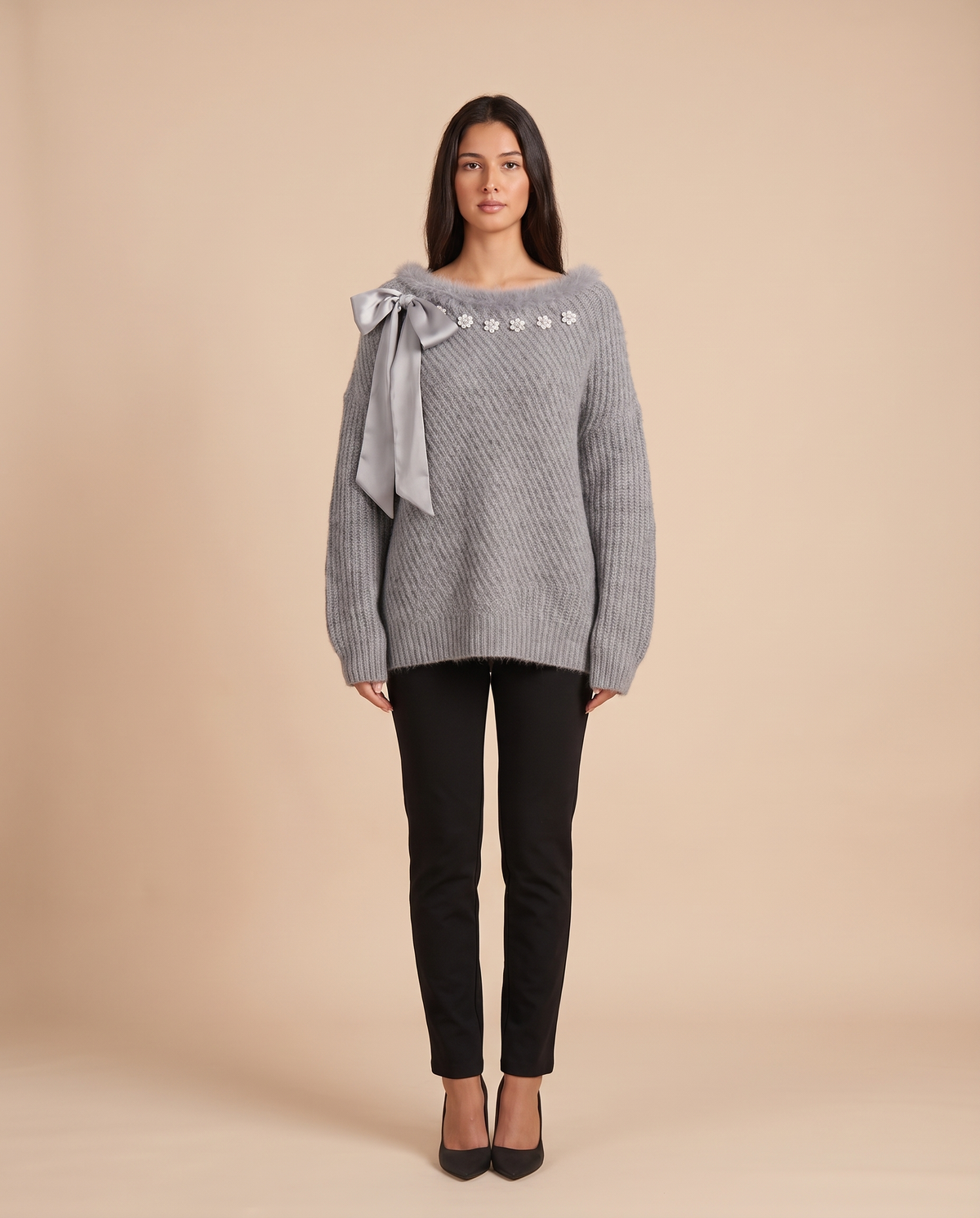 ONORA off shoulder Christmas sweater with bow - Gray