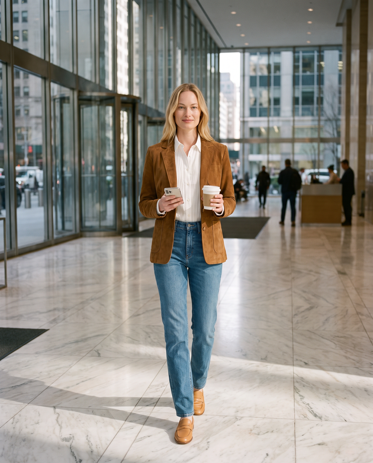 ONORA vintage faux suede blazer - Manhattan office lobby