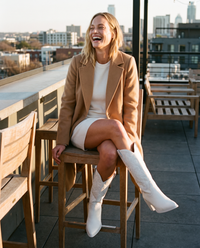 ONORA white pointed toe western boots with block heel for women - Austin rooftop terrace