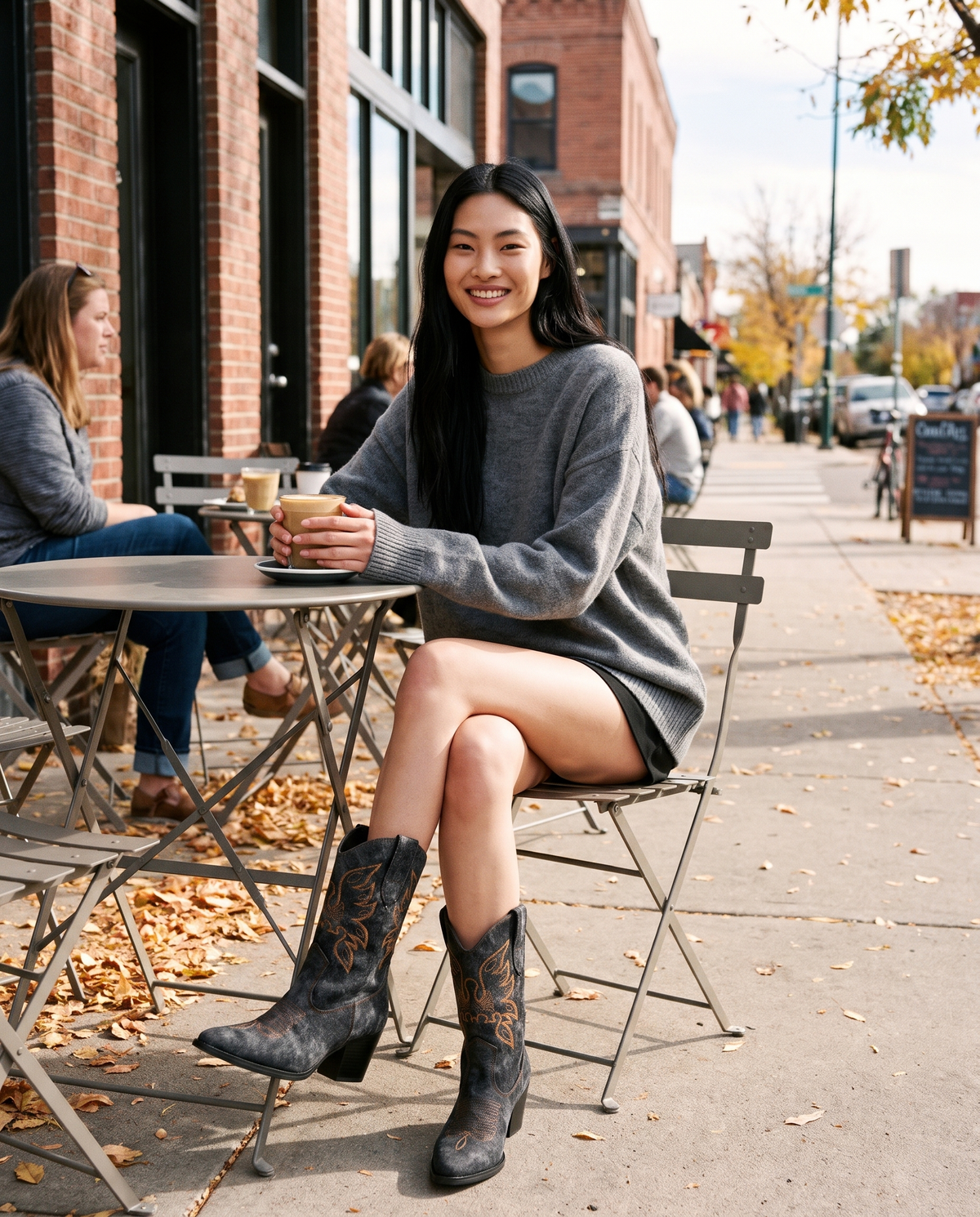 ONORA wide calf denim embroidered cowboy boots for women - Denver sidewalk cafe
