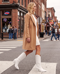 ONORA white pointed toe western boots with block heel for women - Nashville street crossing