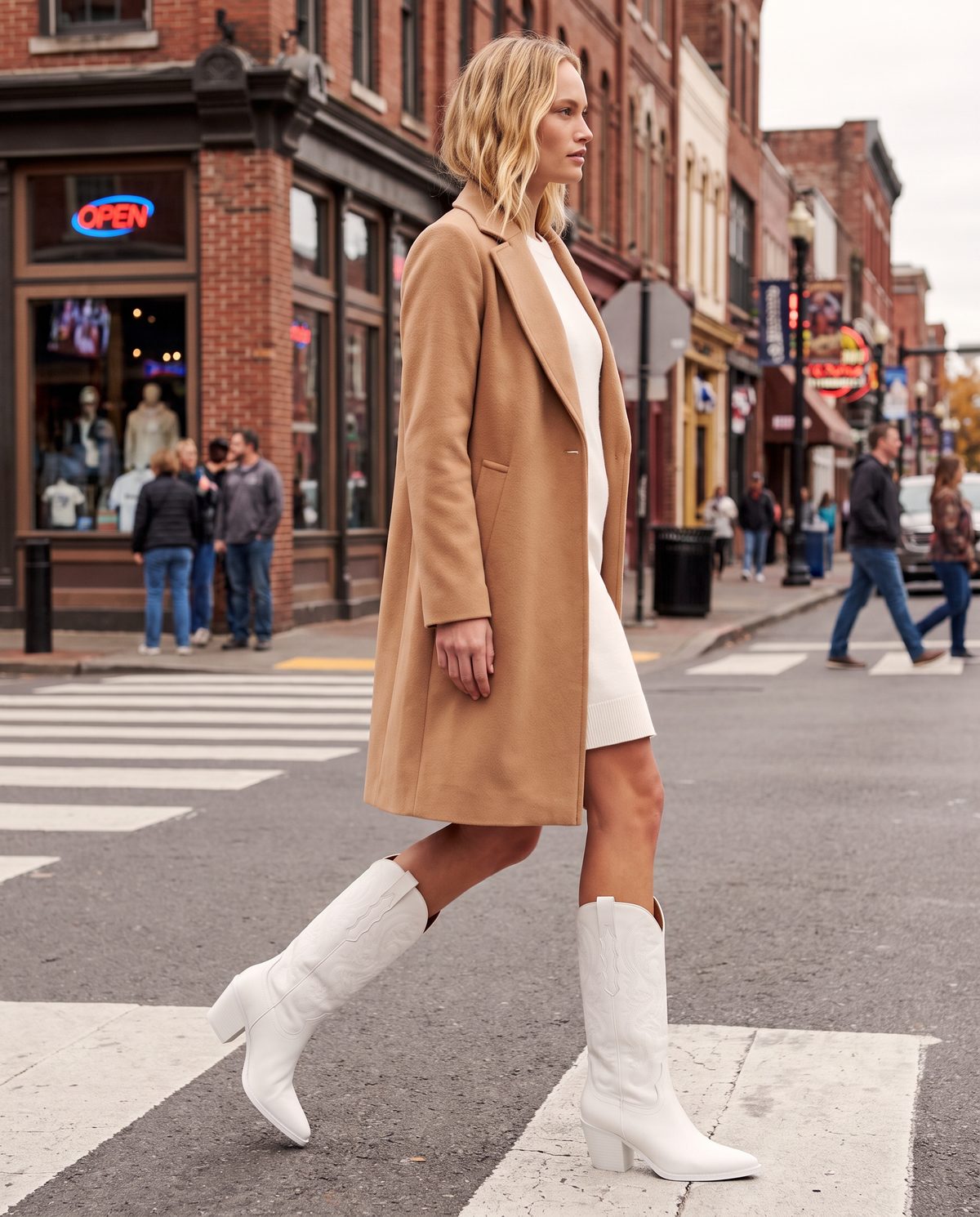 ONORA white pointed toe western boots with block heel for women - Nashville street crossing