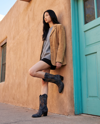 ONORA wide calf denim embroidered cowboy boots for women - Santa Fe adobe wall