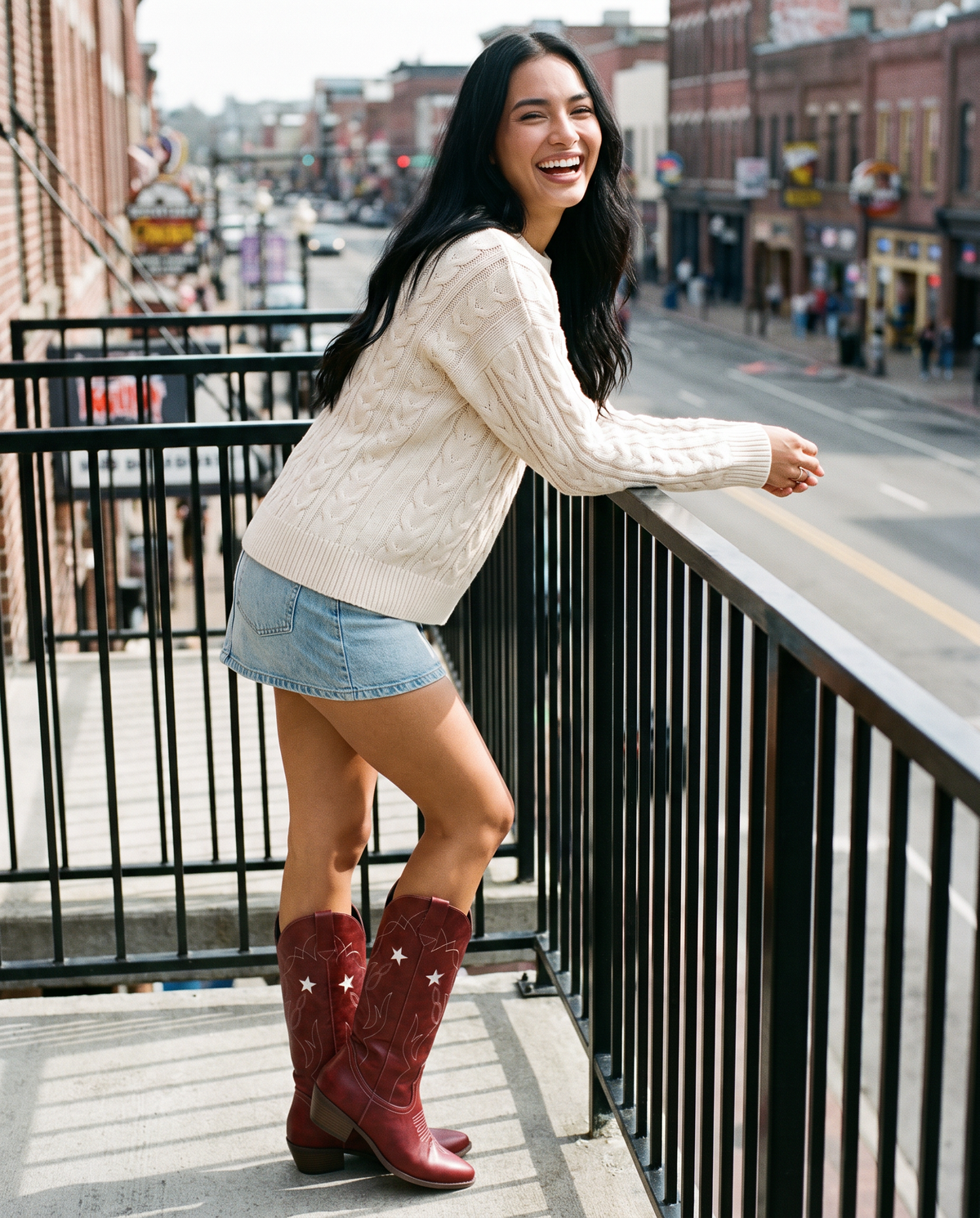 ONORA red star embroidered cowboy boots for women - Nashville balcony railing