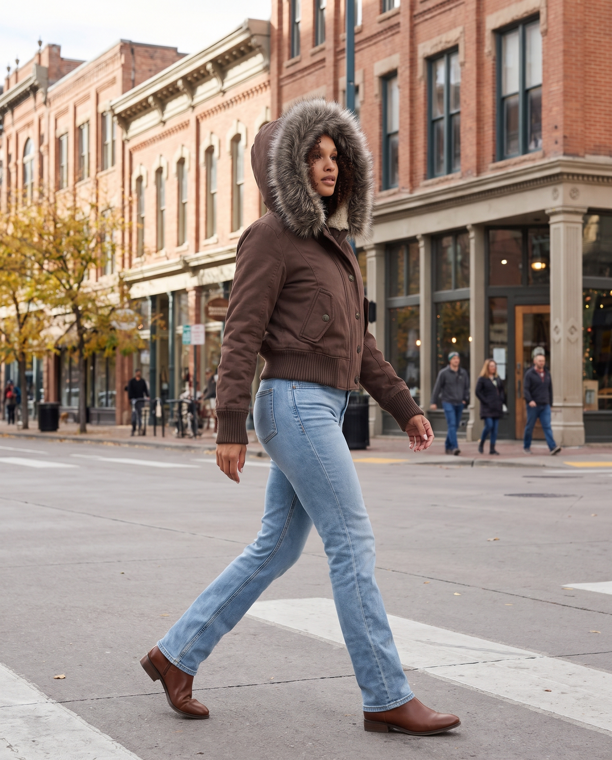 ONORA cropped bomber jacket with faux fur hood for women - Denver Larimer Square crosswalk