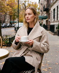ONORA belted wrap coat with funnel collar for women - Upper East Side cafe