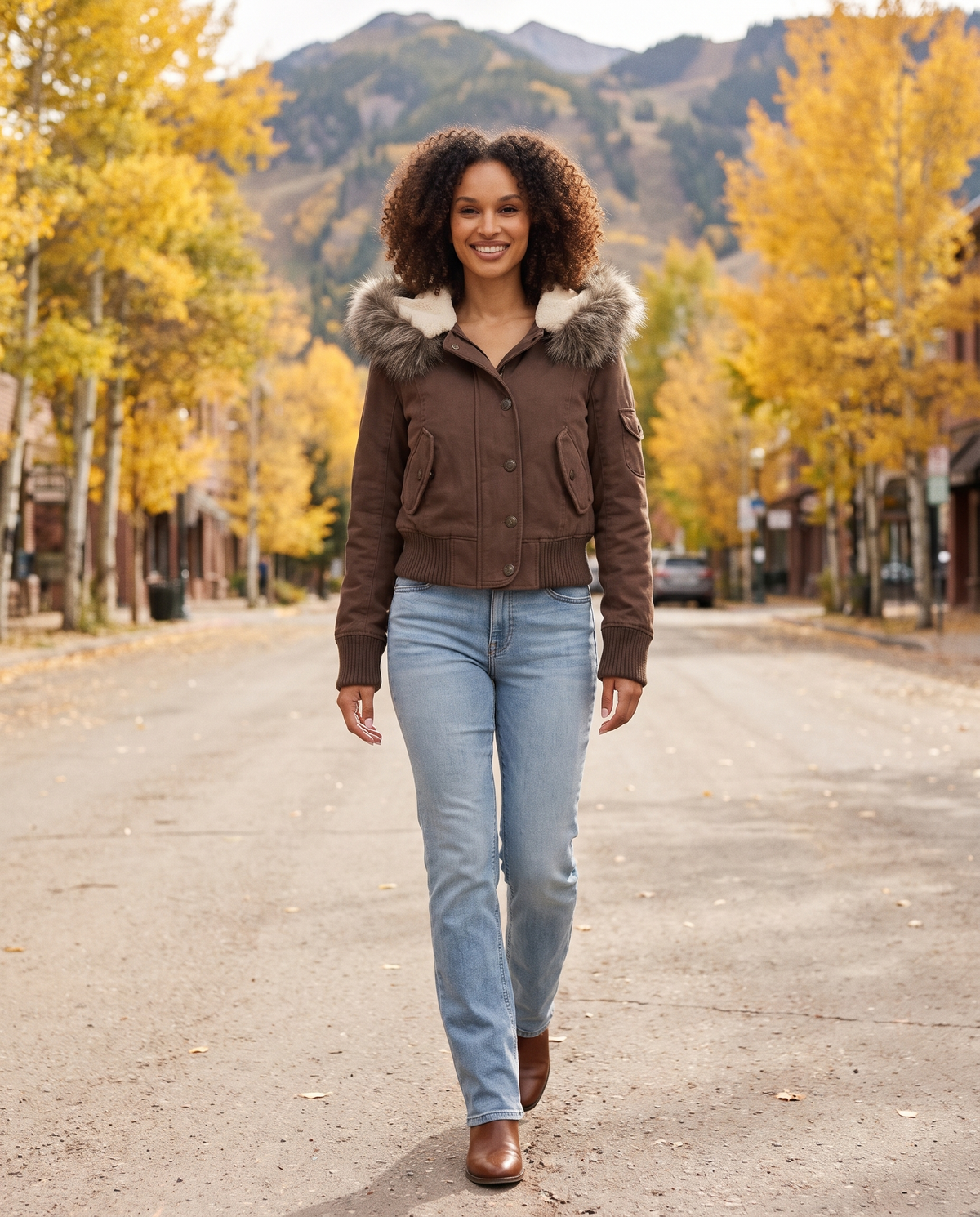 ONORA cropped bomber jacket with faux fur hood for women - Aspen autumn main street