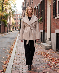 ONORA belted wrap coat with funnel collar for women - Boston Beacon Hill street style