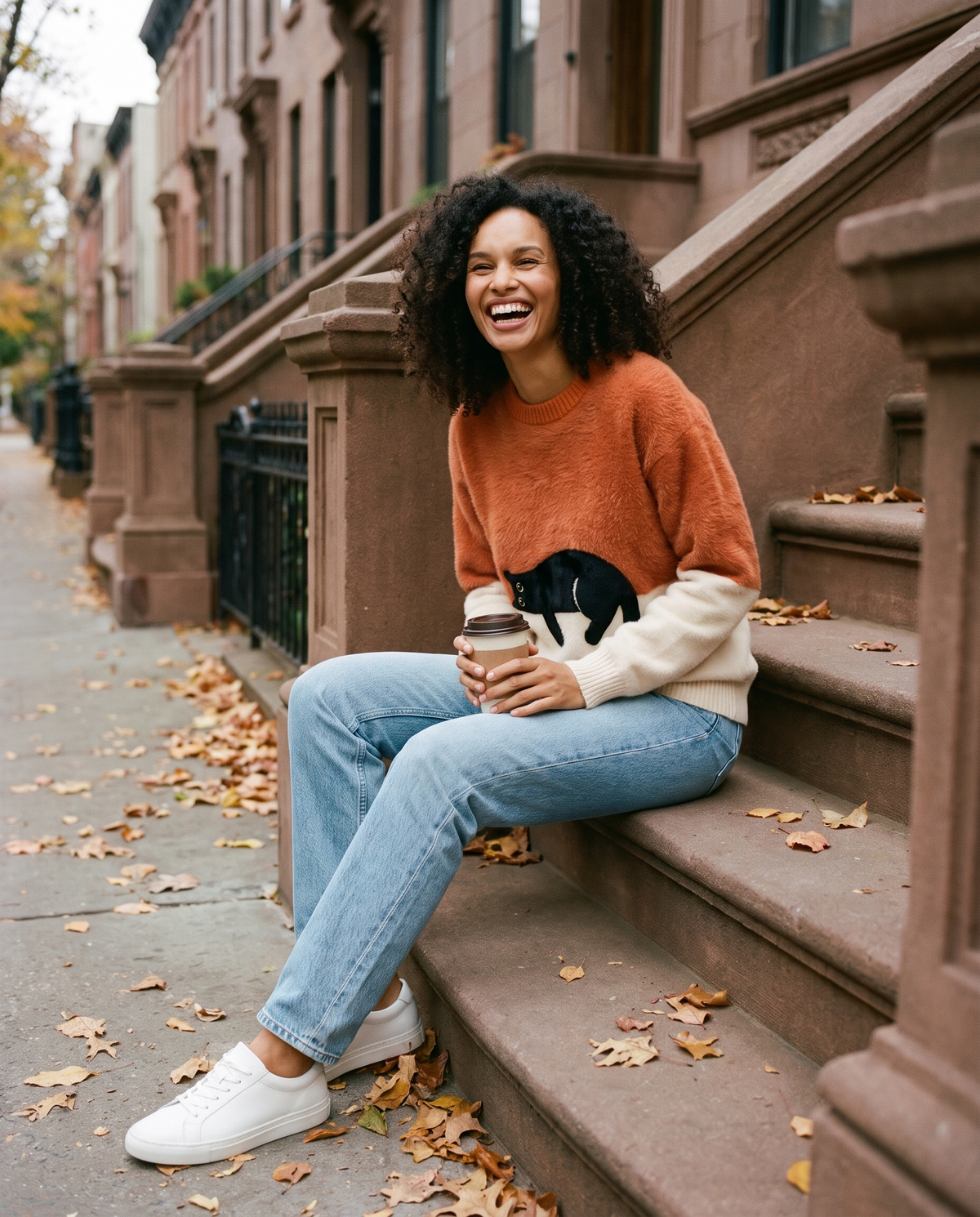 ONORA color block black cat graphic sweater for women - Brooklyn brownstone stoop