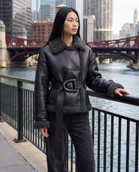 ONORA black faux leather shearling aviator jacket for women - Chicago Riverwalk