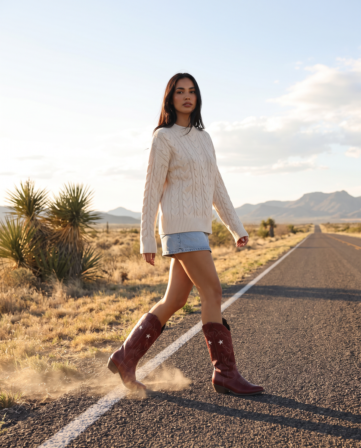 ONORA red star embroidered cowboy boots for women - Marfa West Texas desert highway