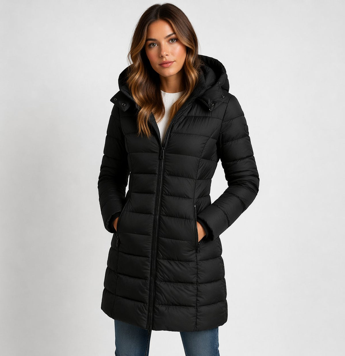 Women's Longline Hooded Puffer Coat with Welt Pockets in Black