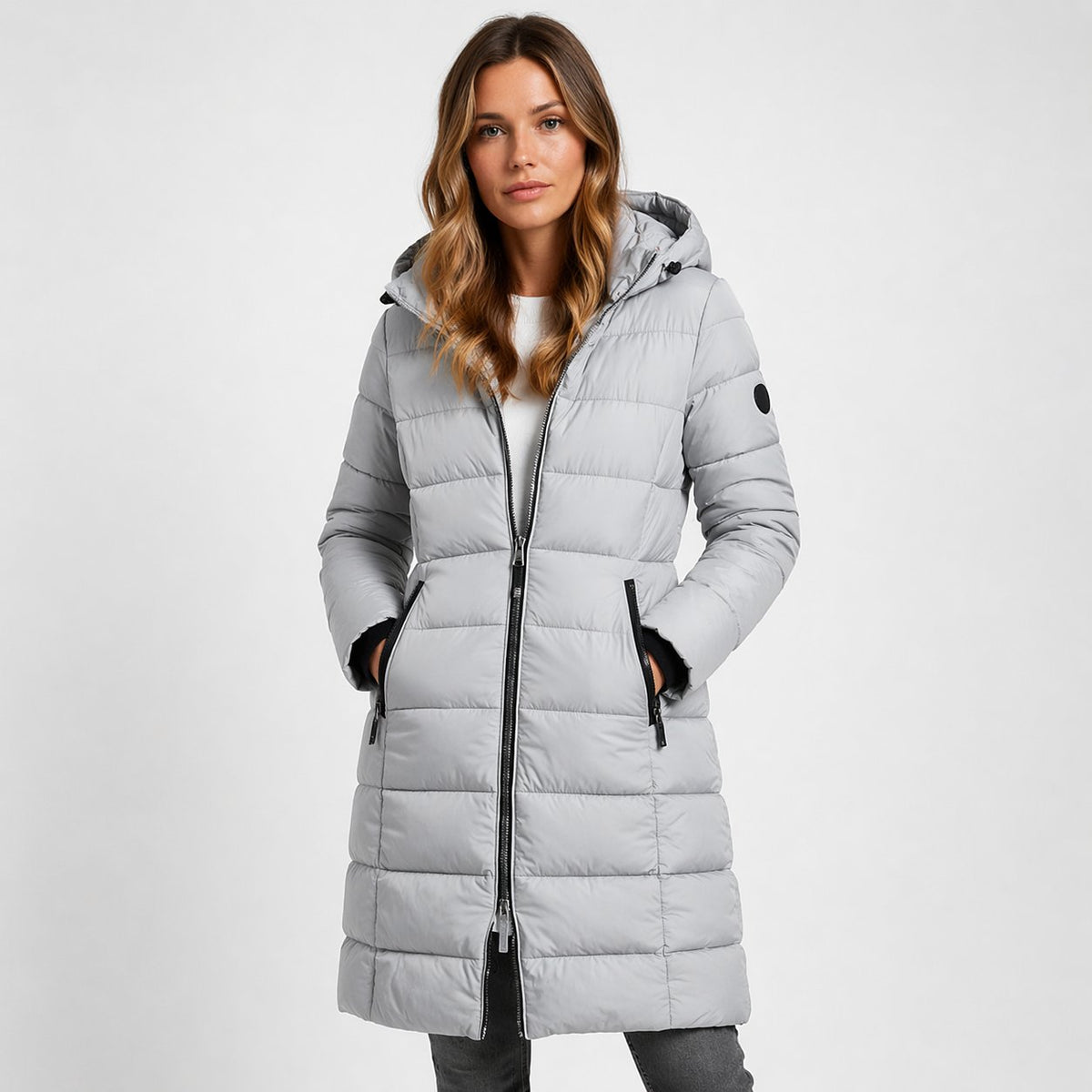 Women's Longline Hooded Puffer Coat with Welt Pockets in Gray