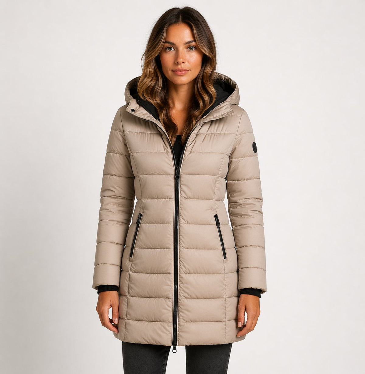 Women's Longline Hooded Puffer Coat with Welt Pockets in Khaki
