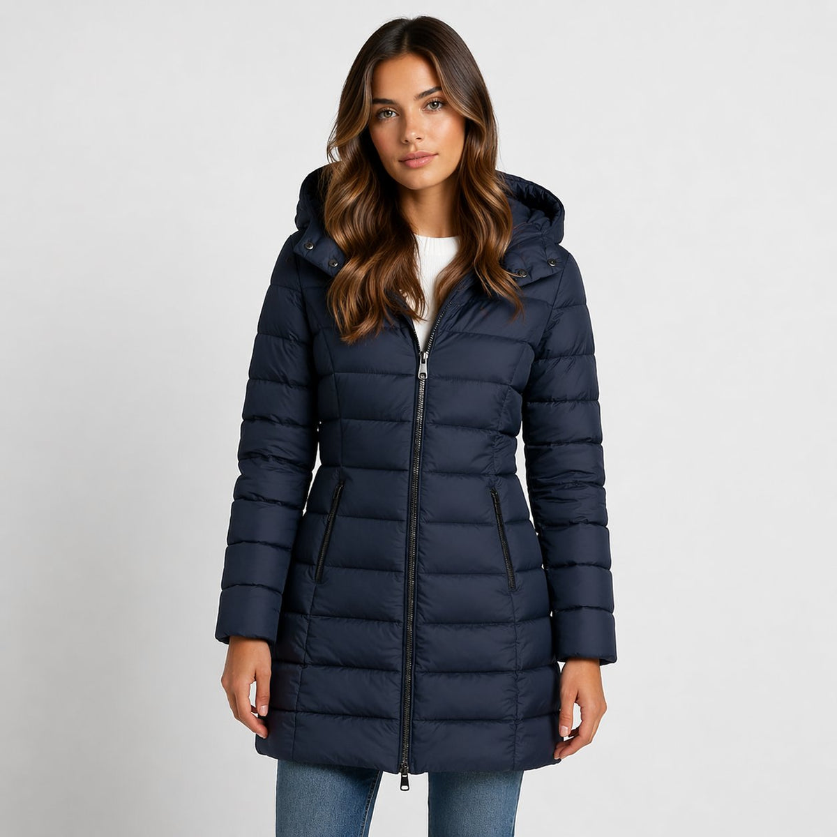 Women's Longline Hooded Puffer Coat with Welt Pockets in Navy Blue