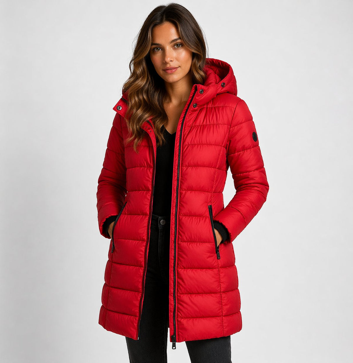Women's Longline Hooded Puffer Coat with Welt Pockets in Red