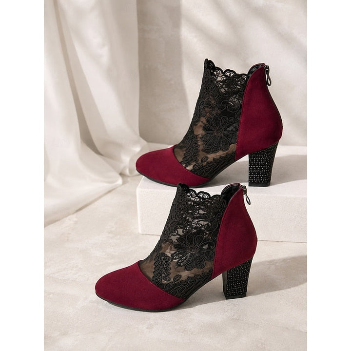 Women's Ankle Boots, Floral Lace Block Heel Booties with Side Zip