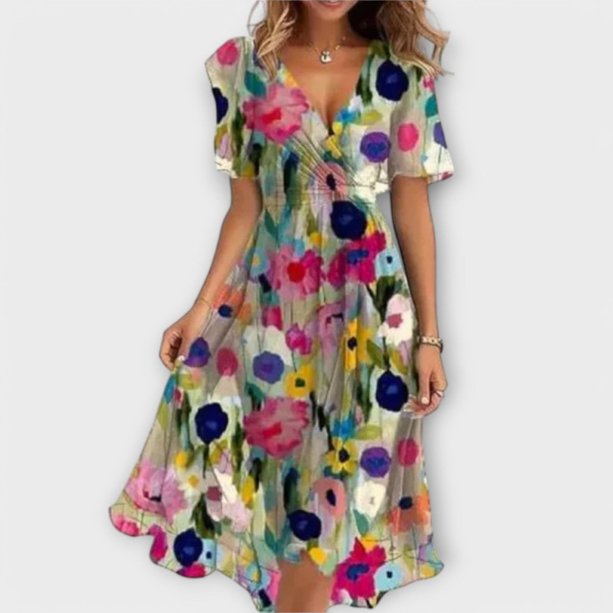 Women's Dressy V-Neck Long Sleeve Midi Dress in Multicolor