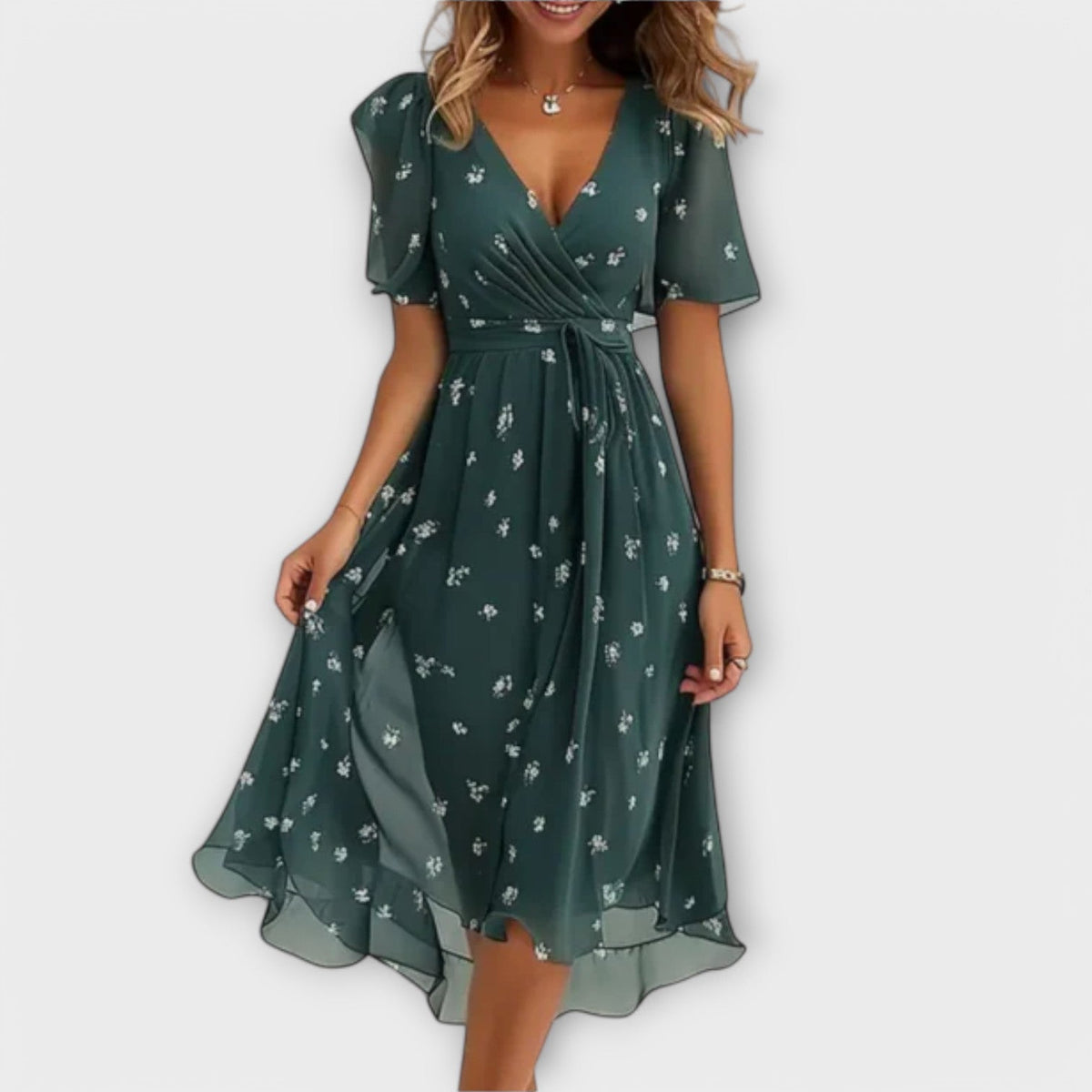 Women's Dressy V-Neck Long Sleeve Midi Dress in Green