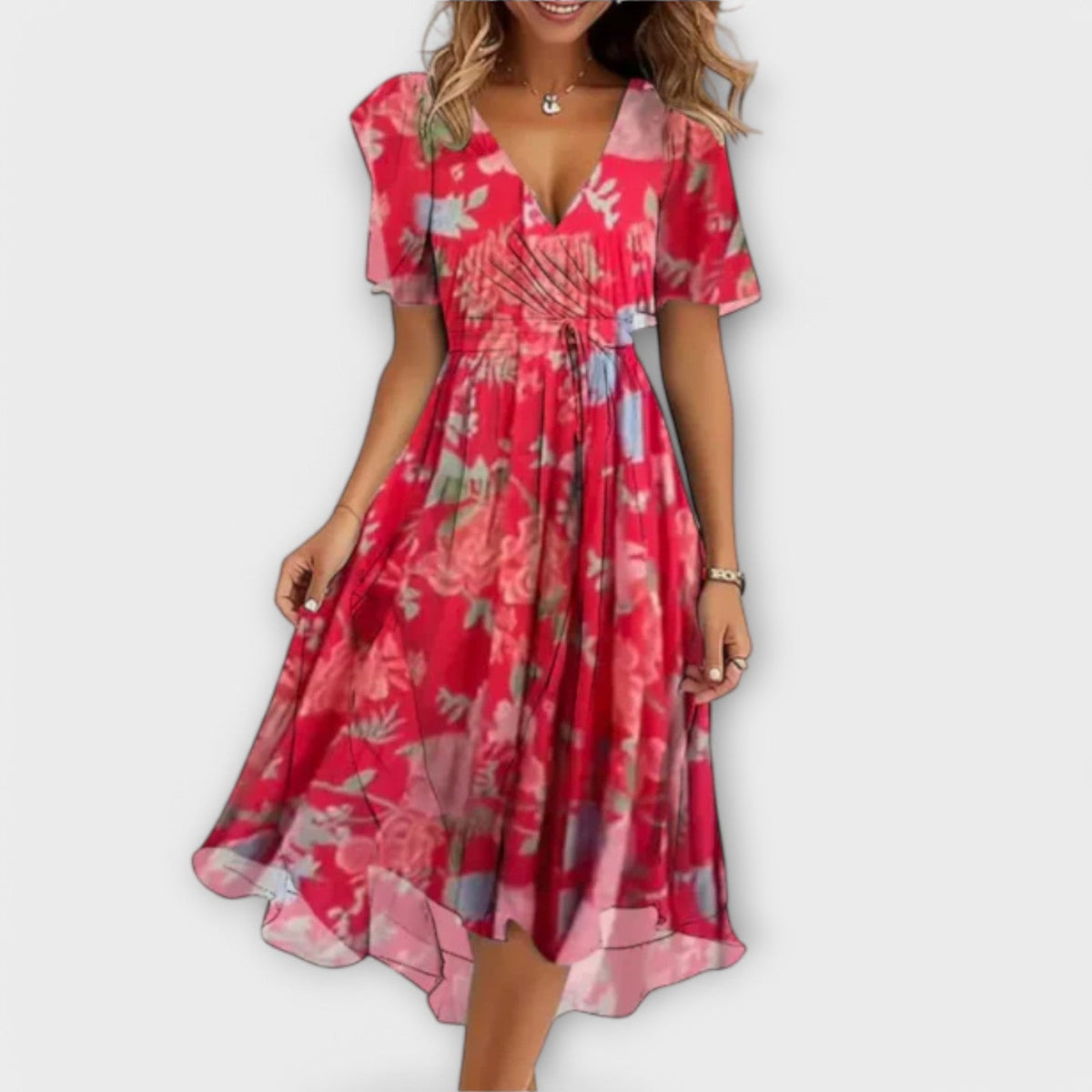 Women's Dressy V-Neck Long Sleeve Midi Dress in Pink