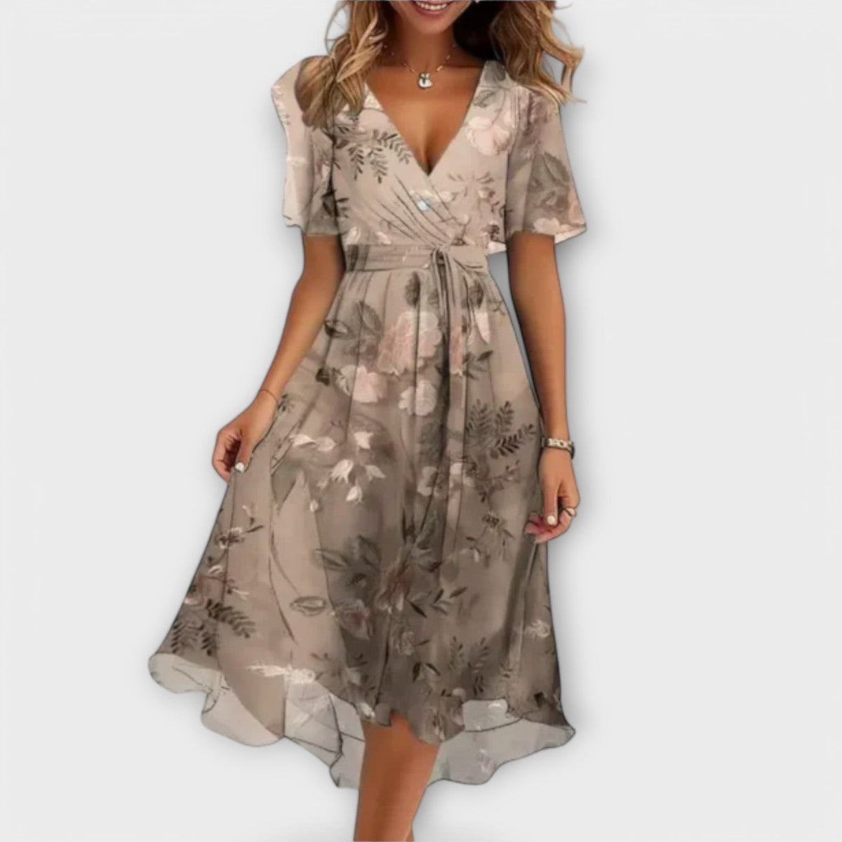 Women's Dressy V-Neck Long Sleeve Midi Dress in Beige