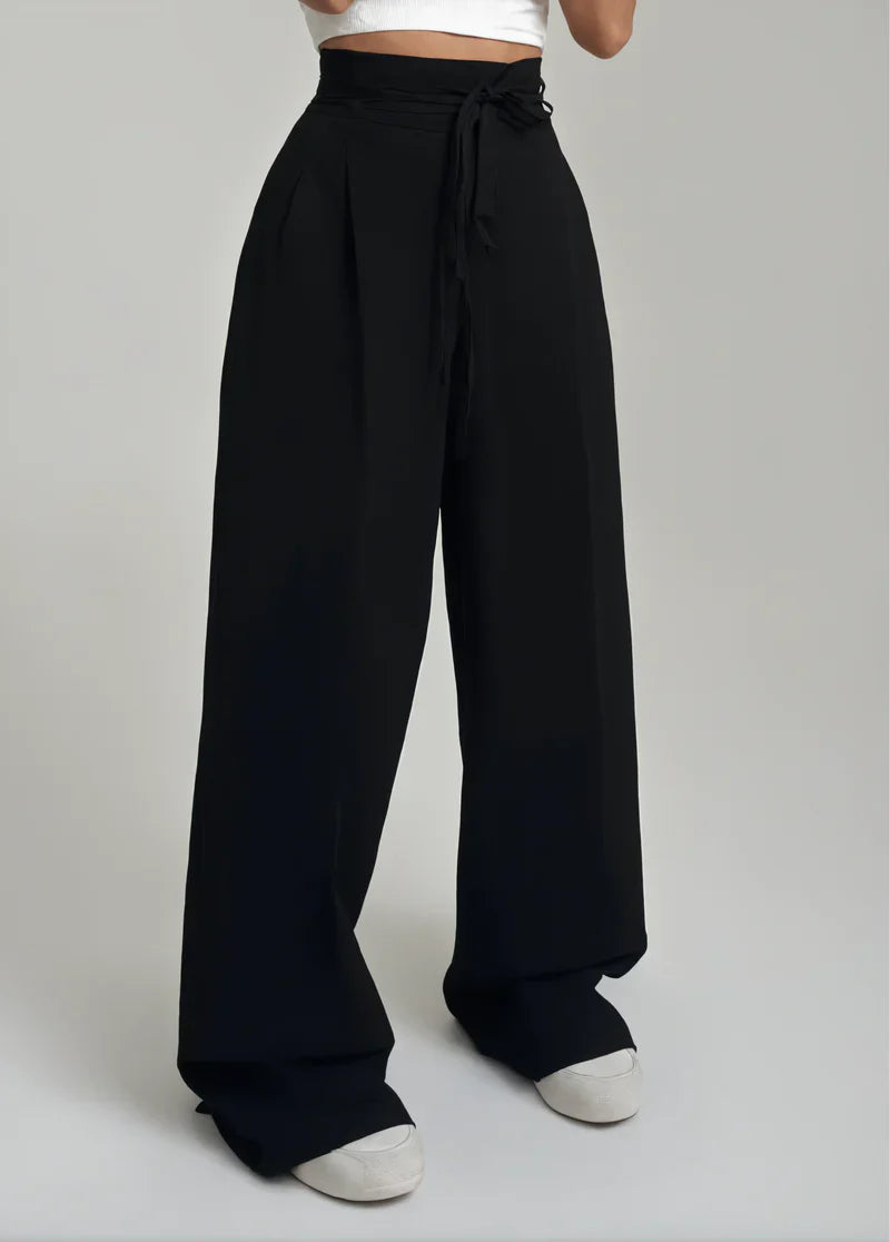 Women's High-Waisted Wide-Leg Palazzo Pants with Belt in Black