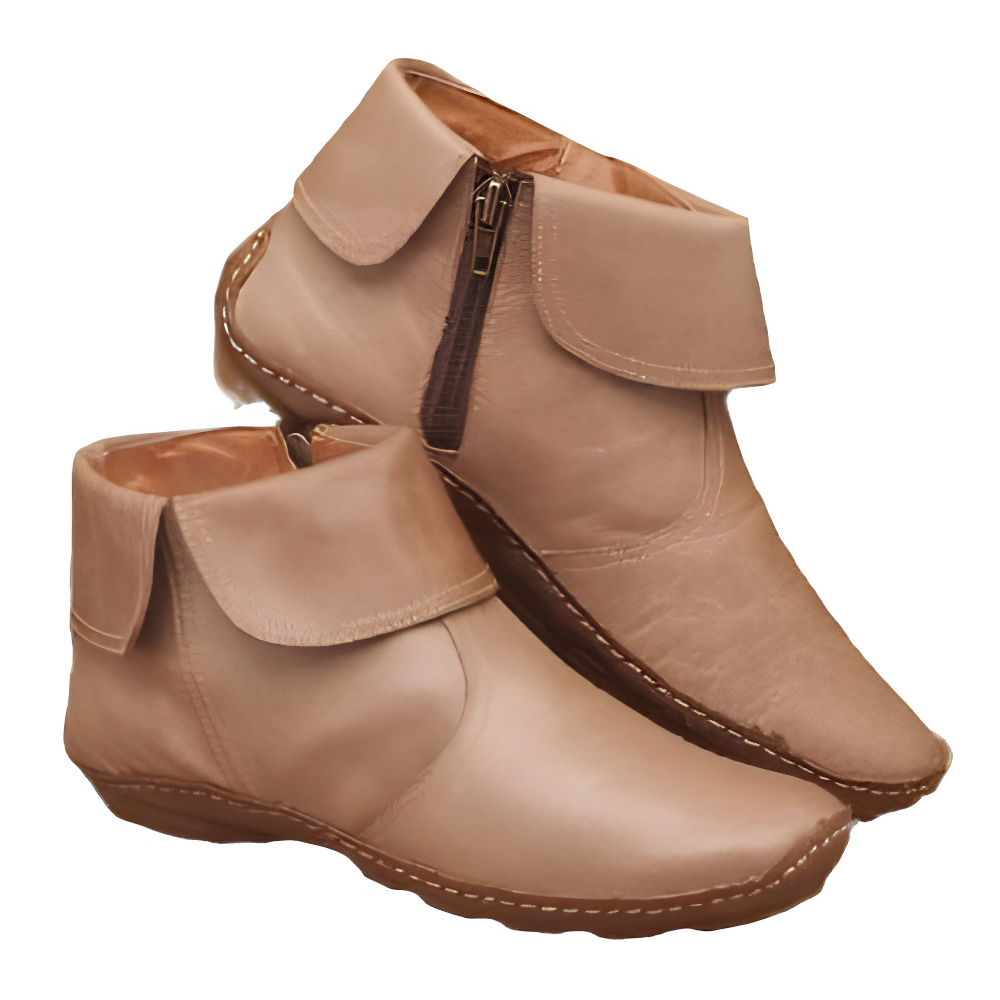 Women's Faux Leather Side-Zip Ankle Boots with Cushioned Footbed in Beige