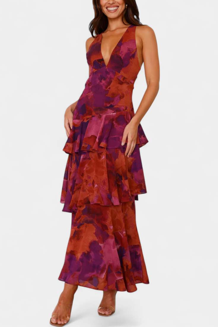 Women's V-Neck Layered Flowing Elegant Dress in Purple