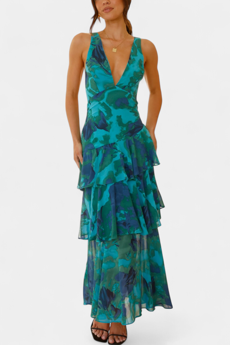 Women's V-Neck Layered Flowing Elegant Dress in Green