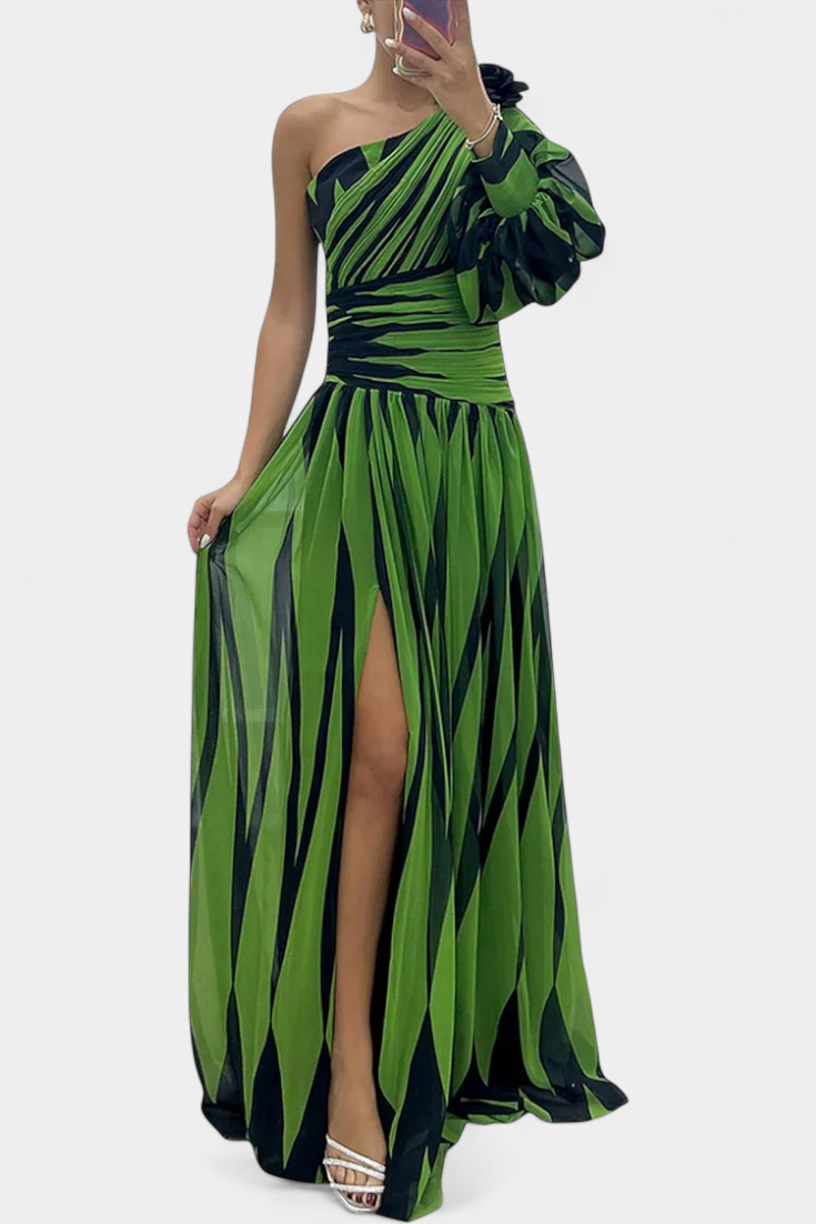 Women's One-Shoulder Vertical Striped Maxi Dress in Green