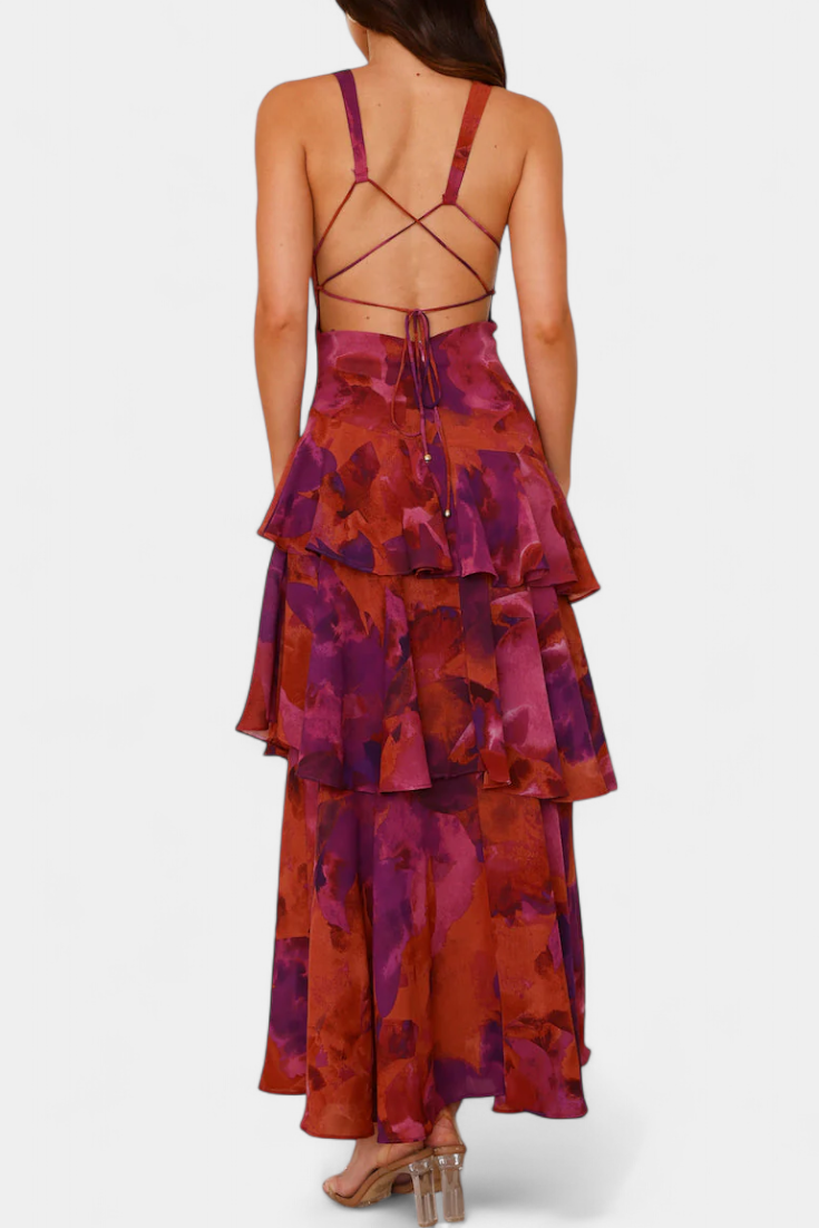 Women's V-Neck Layered Flowing Elegant Dress, view 4