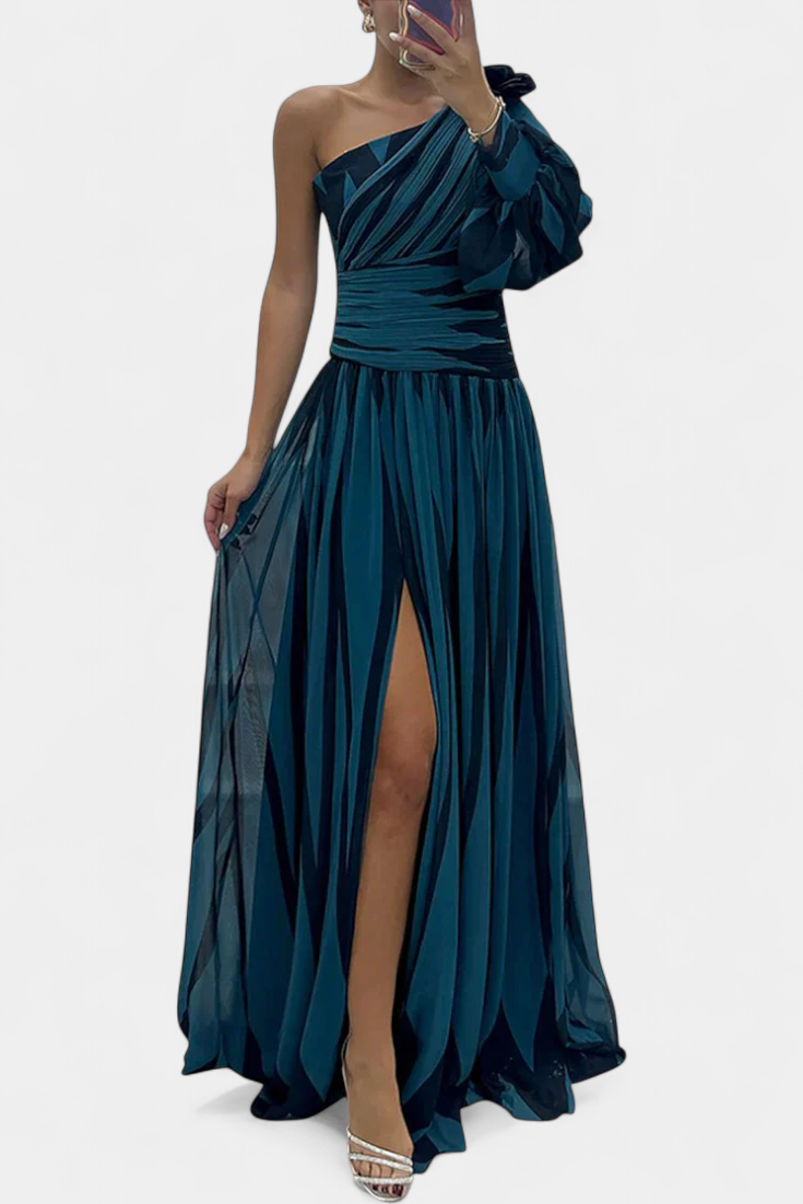 Women's One-Shoulder Vertical Striped Maxi Dress in Navy Blue