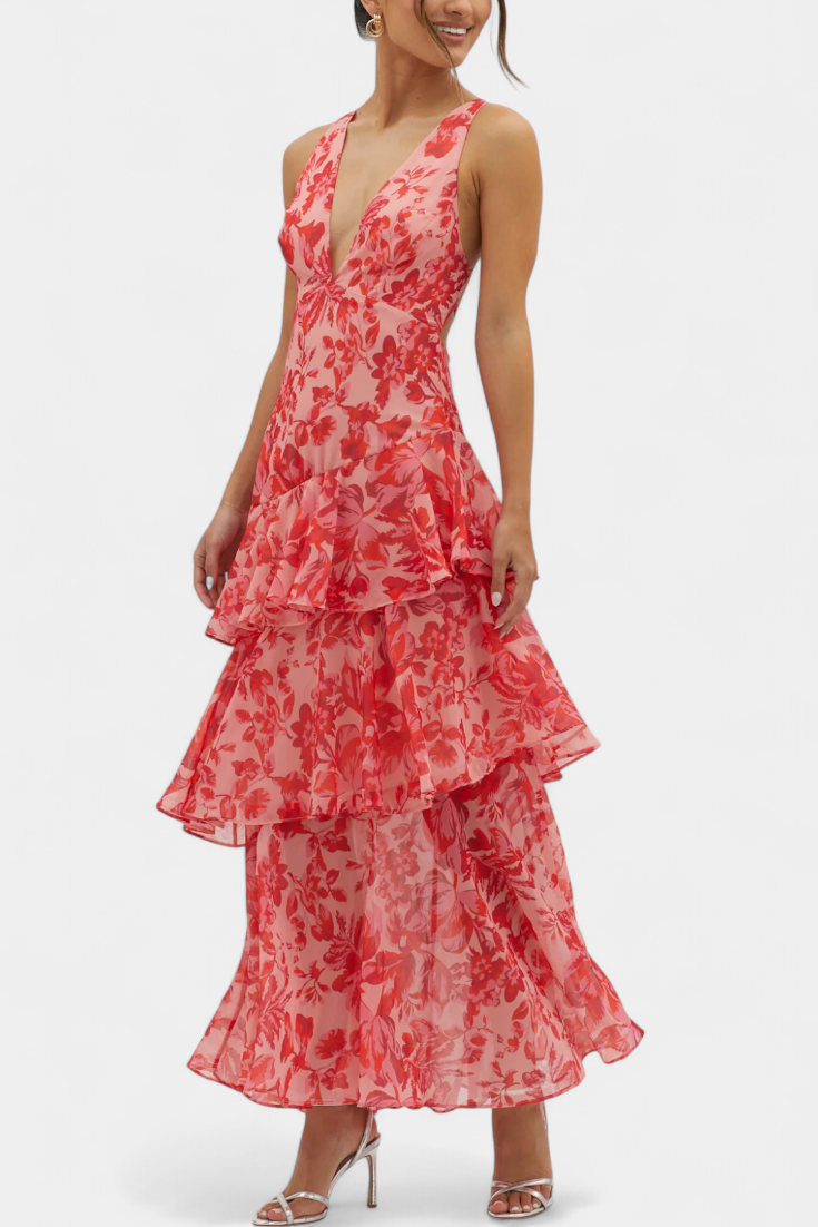 Women's V-Neck Layered Flowing Elegant Dress, view 3