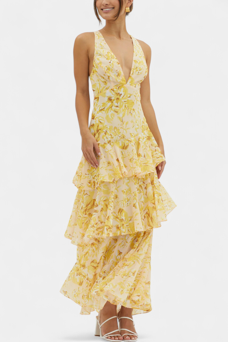Women's V-Neck Layered Flowing Elegant Dress in Yellow