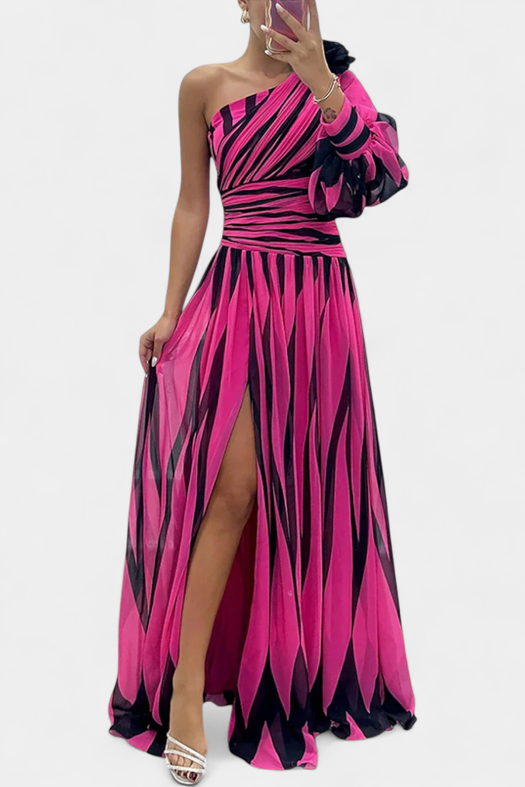 Women's One-Shoulder Vertical Striped Maxi Dress in Pink