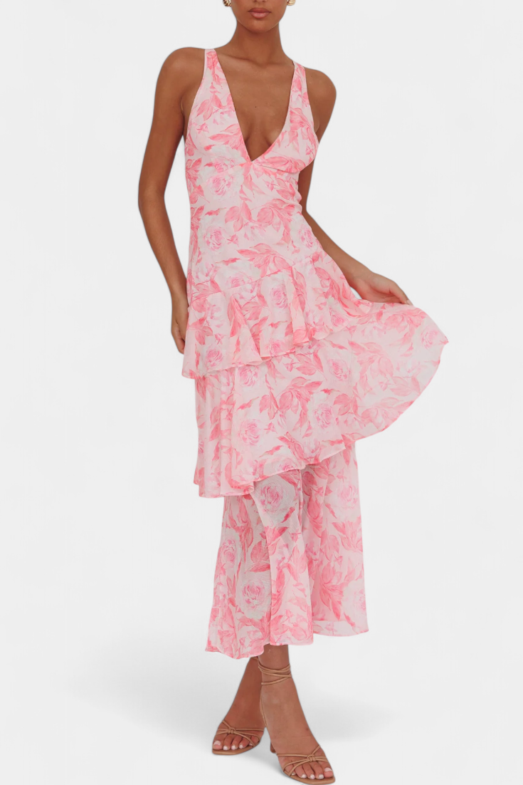Women's V-Neck Layered Flowing Elegant Dress in Pink