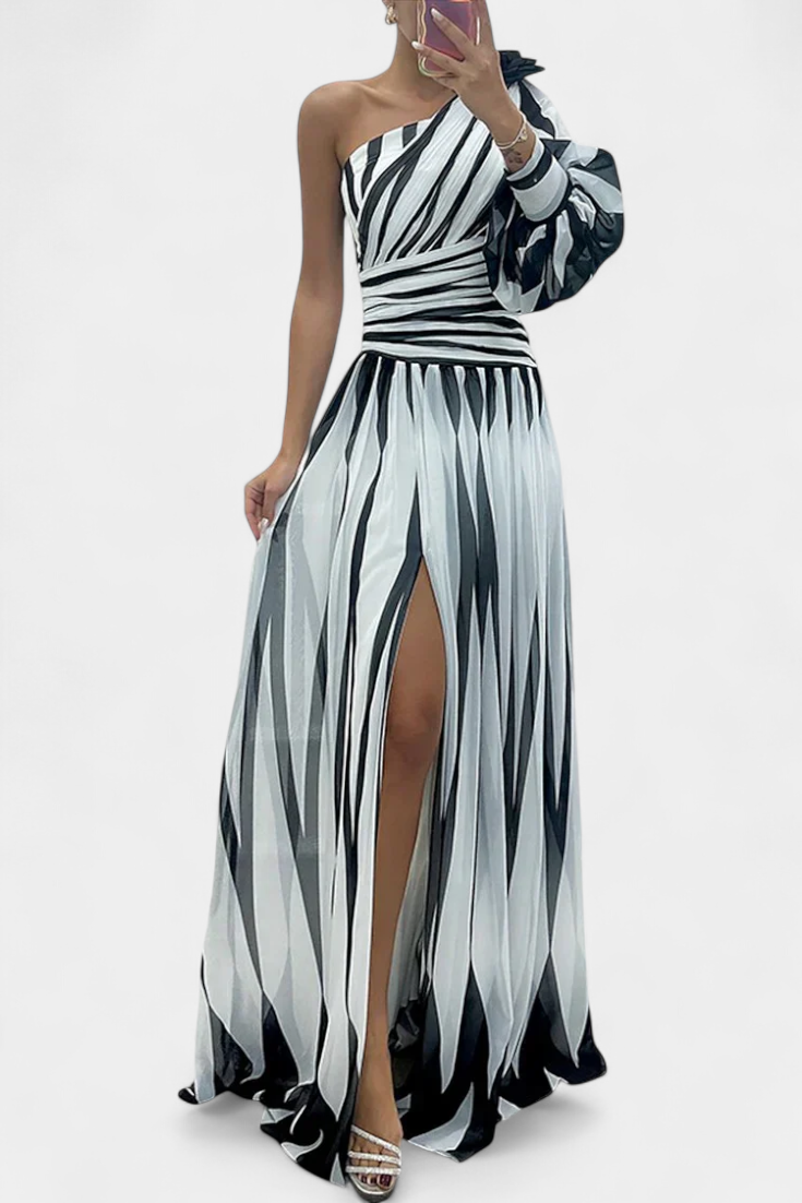 Women's One-Shoulder Vertical Striped Maxi Dress in White