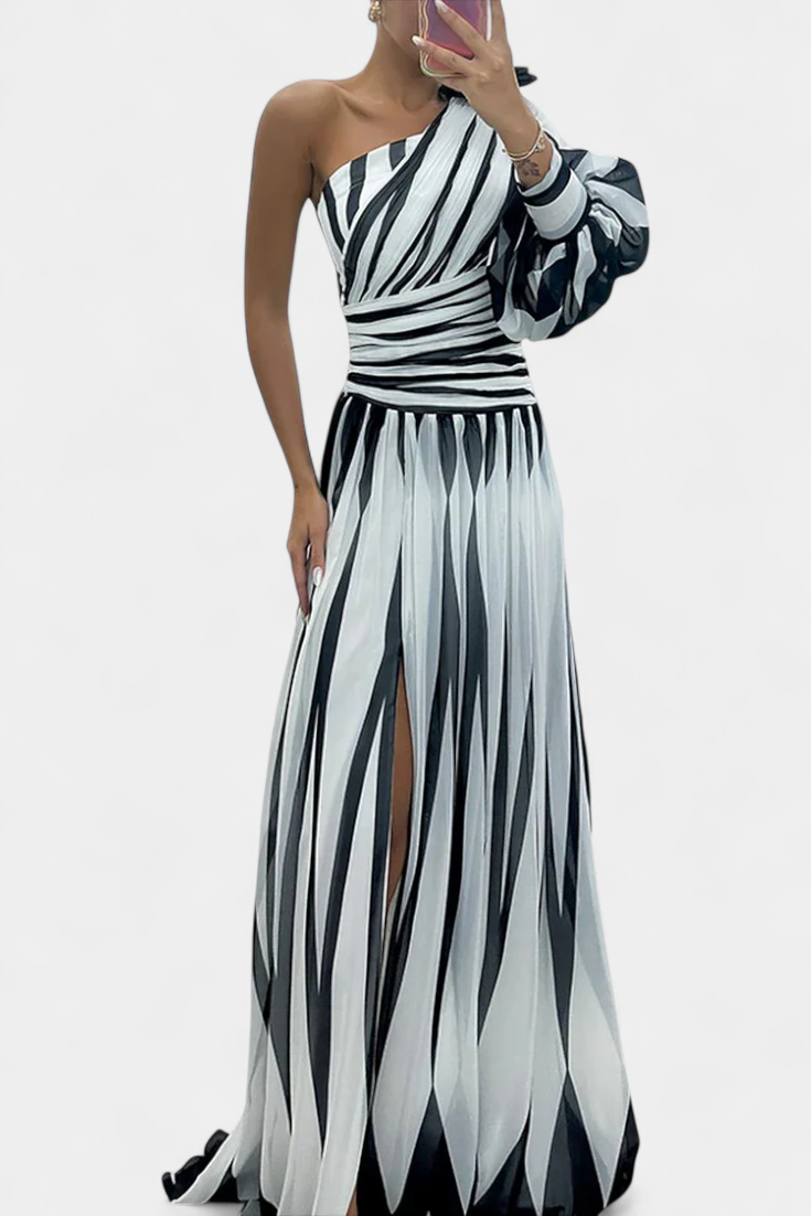 Women's One-Shoulder Vertical Striped Maxi Dress, view 2
