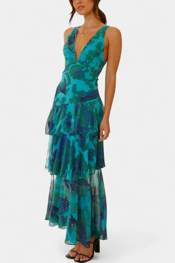 Women's V-Neck Layered Flowing Elegant Dress, view 6