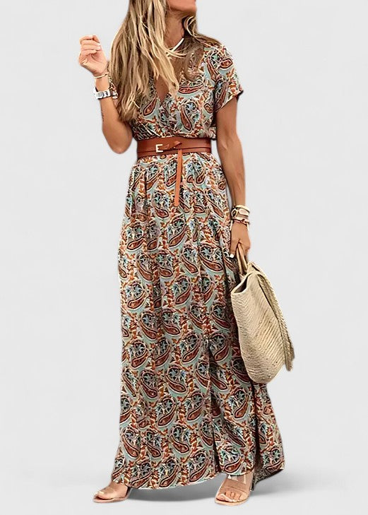 Women's Boho Print Maxi Dress with Gathered Waist in Brown