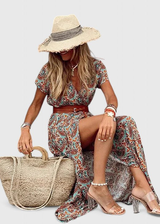 Women's Boho Print Maxi Dress with Gathered Waist, view 3