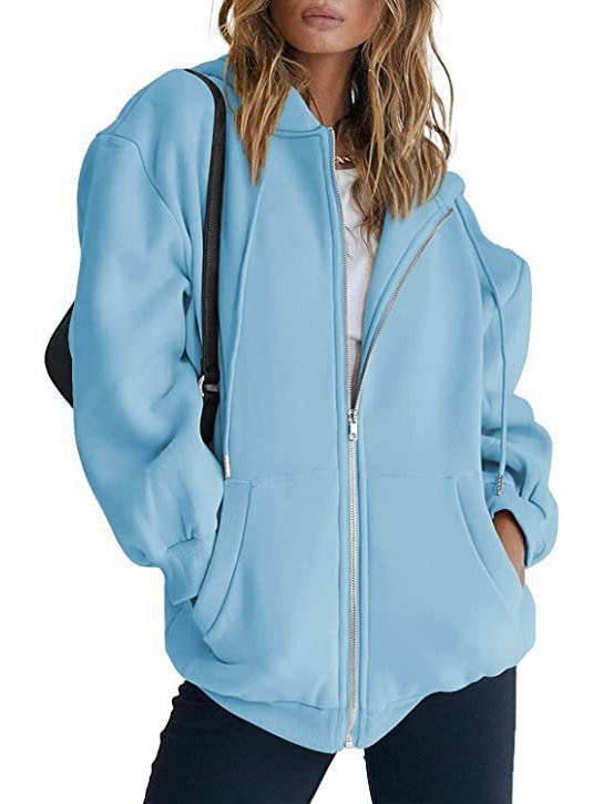 Women's Oversized Cotton Blend Fleece Zip-Up Hoodie in Lake Blue