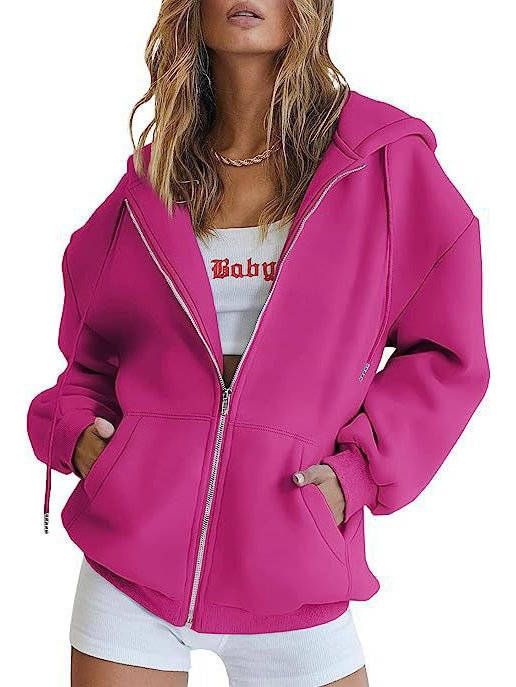 Women's Oversized Cotton Blend Fleece Zip-Up Hoodie in Bright Pink