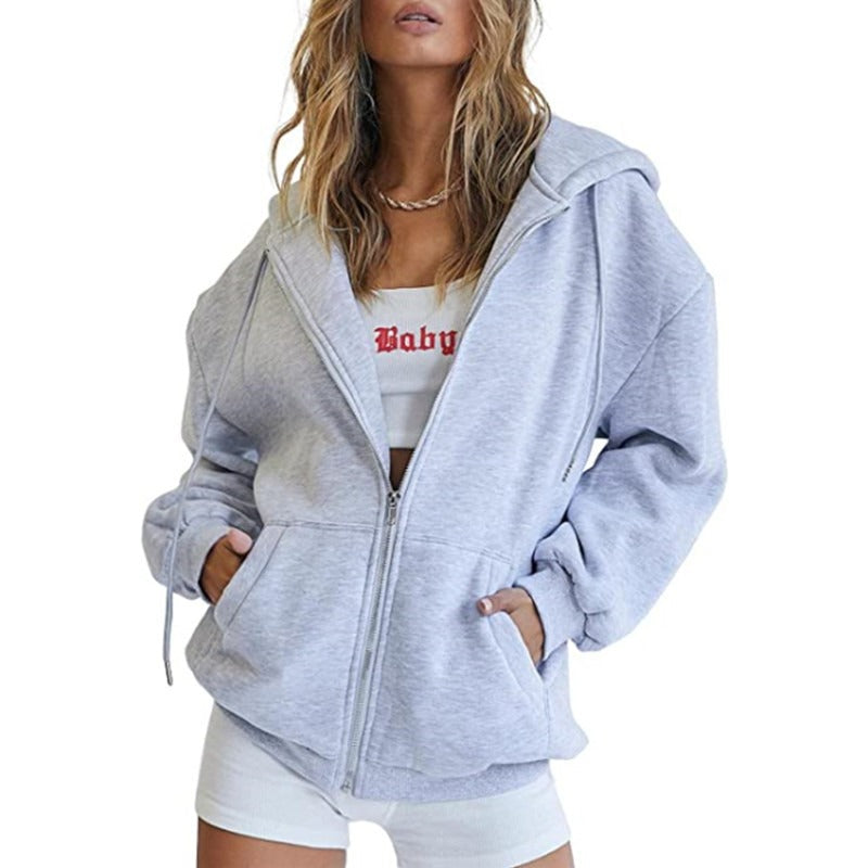Women's Oversized Cotton Blend Fleece Zip-Up Hoodie in Light Gray