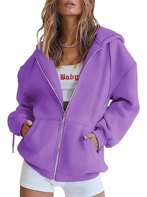 Women's Oversized Cotton Blend Fleece Zip-Up Hoodie in Purple