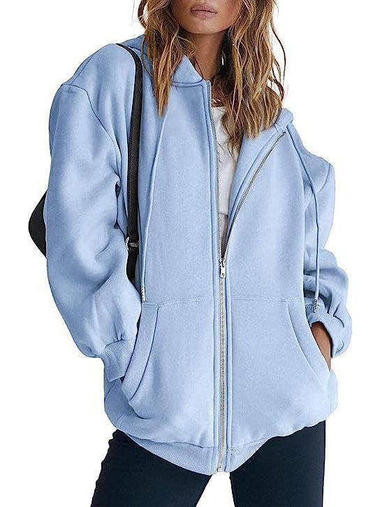 Women's Oversized Cotton Blend Fleece Zip-Up Hoodie in Light Blue