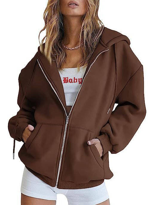 Women's Oversized Cotton Blend Fleece Zip-Up Hoodie in Coffee Brown