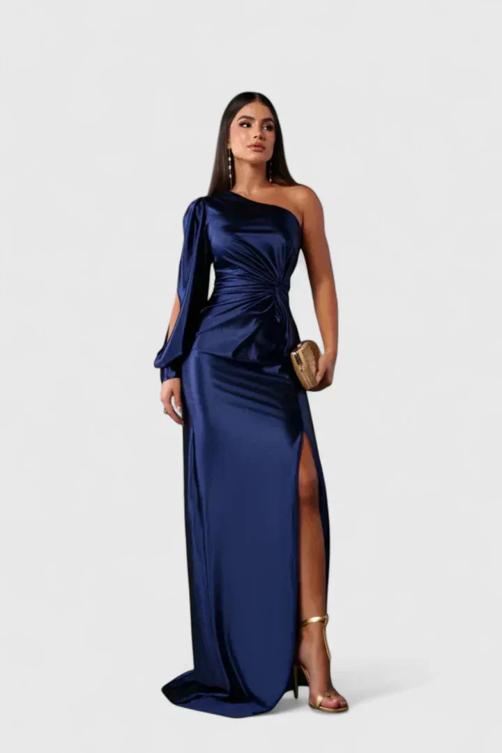 Women's One-Shoulder Figure-Following Maxi Gown in Navy Blue