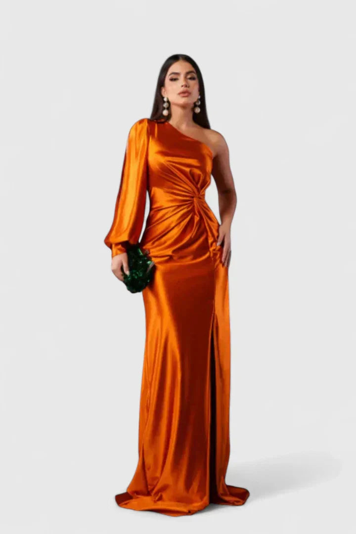 Women's One-Shoulder Figure-Following Maxi Gown in Orange